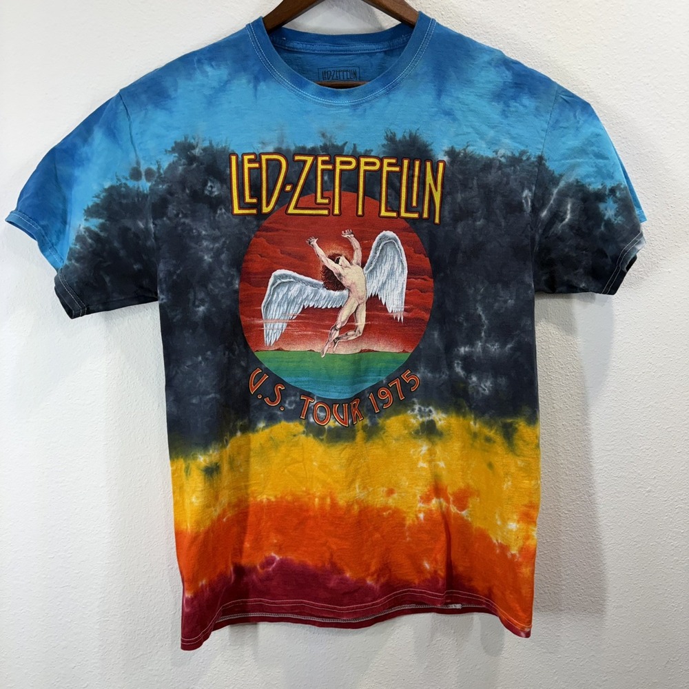 Led Zeppelin T-Shirt Size L Tie Dye US Tour 1975 Band Crew Neck Tee Multicolor